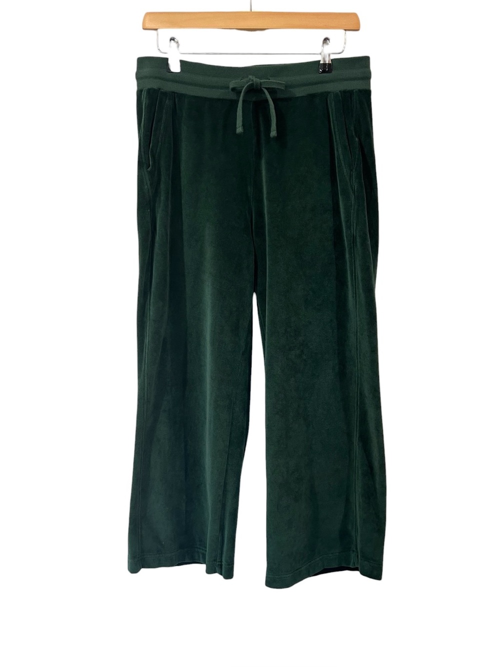 Pact women’s Organic Velour wide leg crop Pants M green pockets cotton